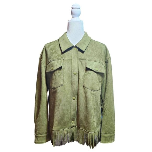 Canyon Retreat olive green faux suede south western fringe tassels jacket size M - Picture 1 of 10